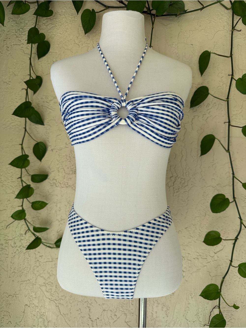 Blue Gingham Women’s ' Bandeau Swimsuit with Ring Detail + 2 bottom